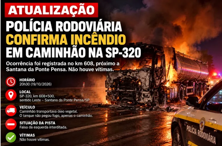 Polícia Rodoviária confirma incêndio em caminhão na SP-320, próximo a Santana da Ponte Pensa; não houve vítimas