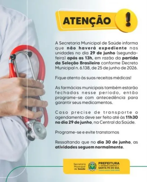  Prefeitura de Santa Fé comunica alteração no expediente em razão do jogo da Seleção Brasileira