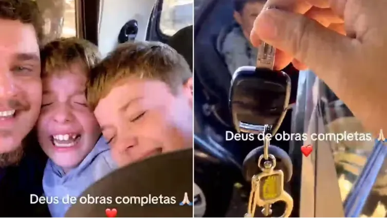 Pai viraliza ao emocionar filhos com carro novo na entrada da escola: 'Choro de felicidade'