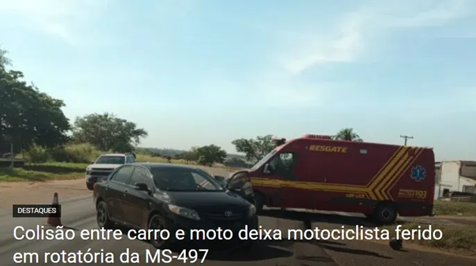 Colisão entre carro e moto deixa motociclista ferido em rotatória da MS-497